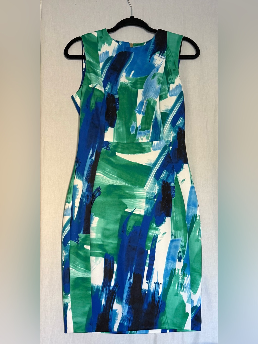 New Calvin Klein Dress White Green Blue & Sheath Scuba Cocktail Sleeveless 6